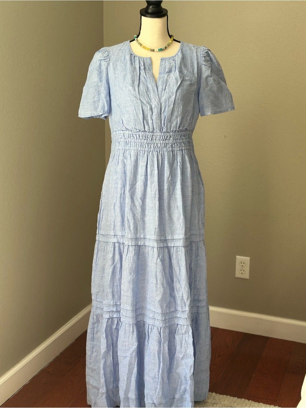 Quince 100% European Linen Tiered Maxi Dress Smocked Waist in French Blue